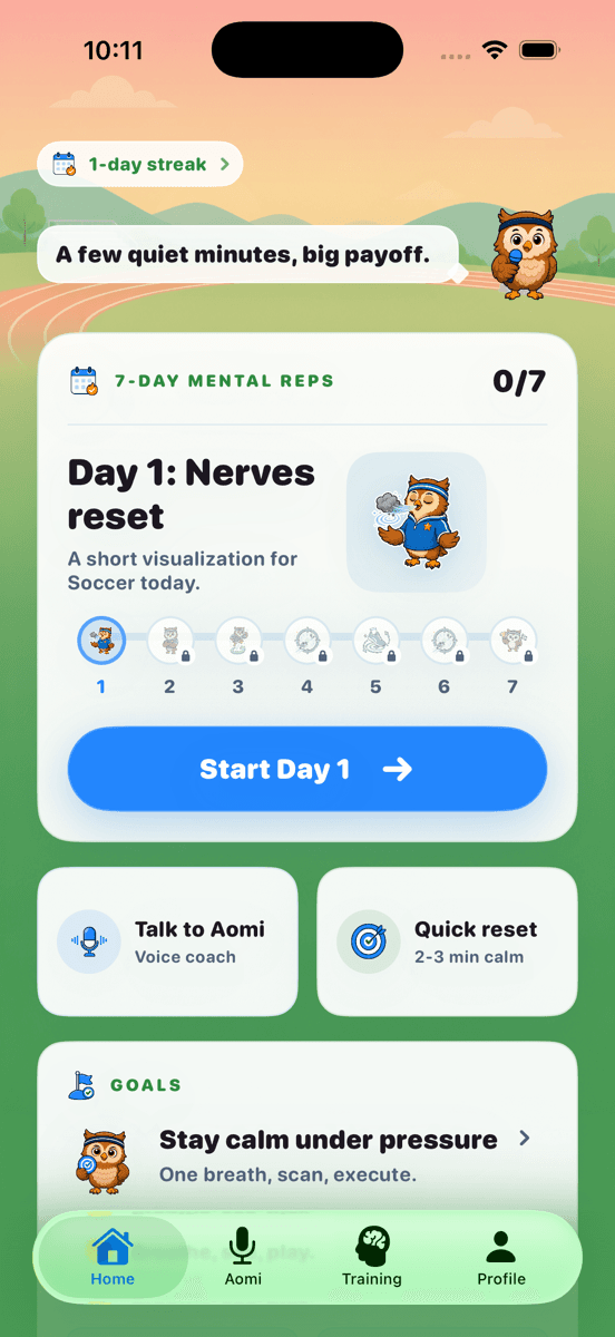 Current Athlete Mindset Home screen with seven-day mental reps, Aomi, and a quick reset