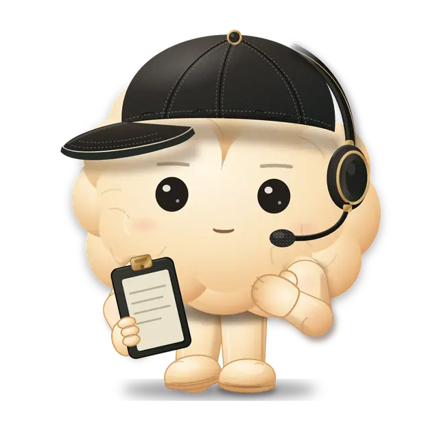 Aomi, the Athlete Mindset AI coach: a friendly brain character in a cap and headset, holding a clipboard